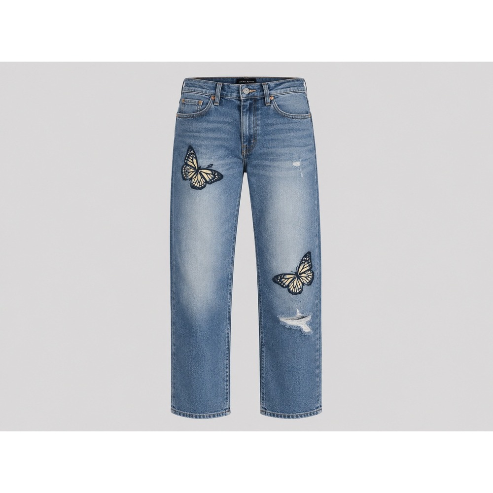 Lucky Brand Butterfly Embroidered Distressed‎ Straight Leg Jeans Blue 8/29A